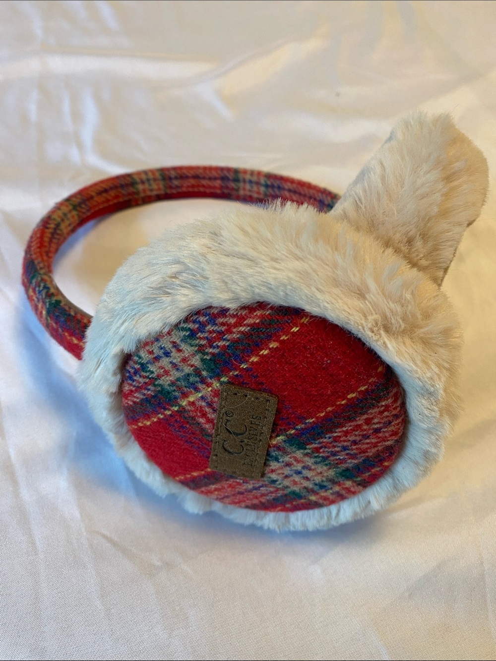 C.C Red Plaid Faux Fur Earmuffs with Cream Fur